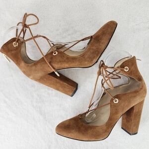 Marc Fisher sz 9 tan suede lace up heels sexy block heel shoes SH197